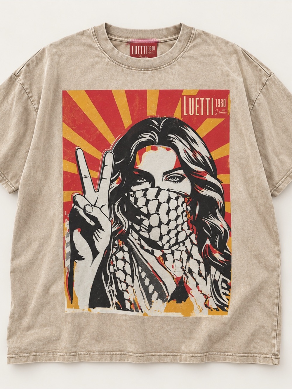 Luetti 1980 Victory Sign Snow Washed Oversized T-Shirt Khaki Size S
